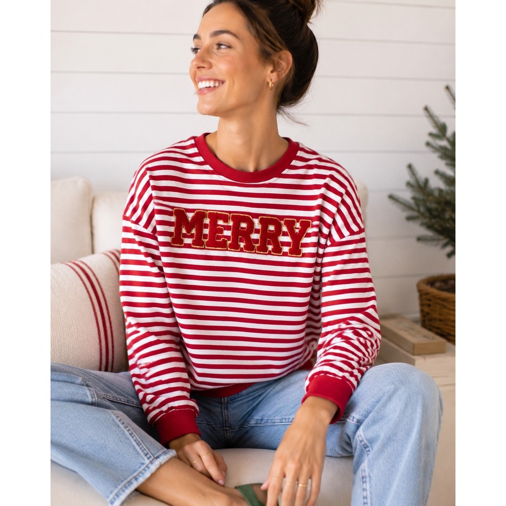 Merry Christmas Sweatshirt Womens Medium Red White Striped French Terry Pullover